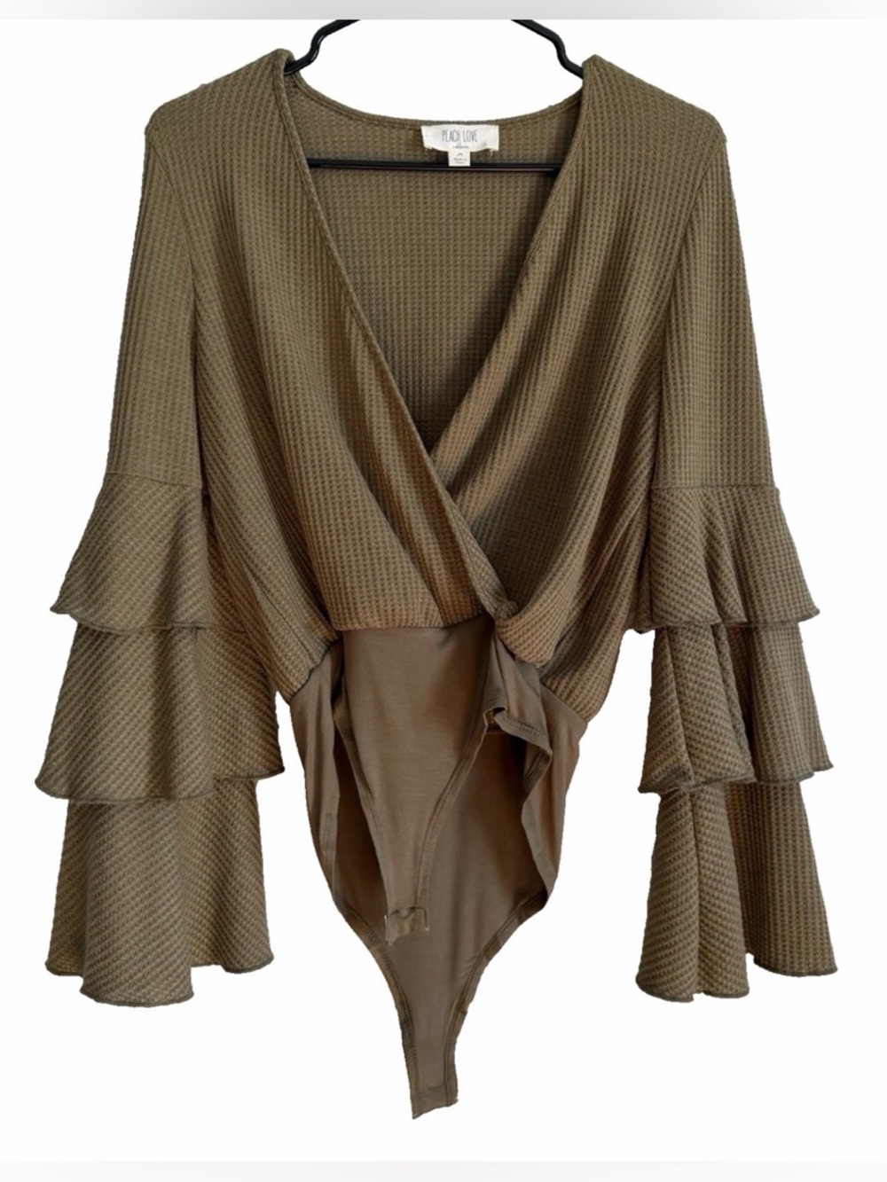 Peach Love CA Green Boho Bodysuit Ruffle Bell Sleeve Waffle Knit Medium Festival